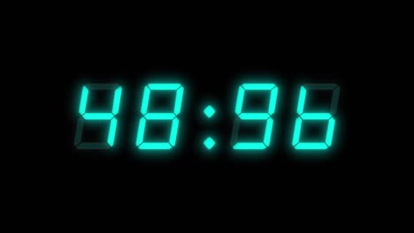 4-digits 60 seconds (1 minute) digital clock countdown timer. cyan digits on black background. retro digital alarm clock