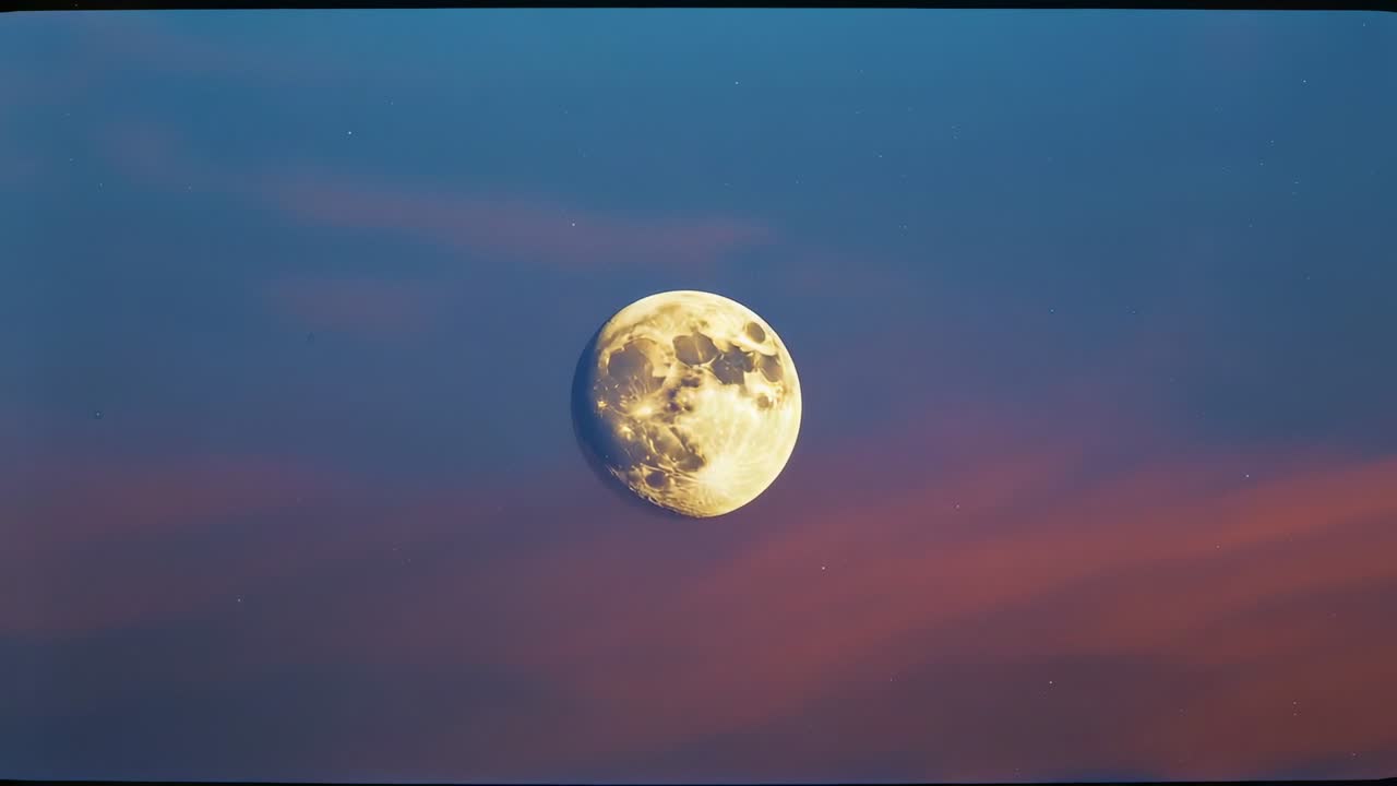 Nearly full moon brightening and revealing craters as dusk deepening in open sky, with pink clouds