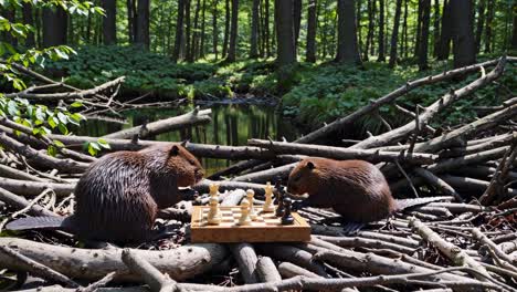 beavers playing chess in the forest