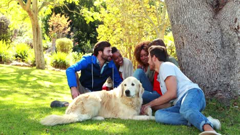 Gruppe-Glücklicher-Freunde,-Die-Zusammen-Mit-Dem-Hund-Sitzen