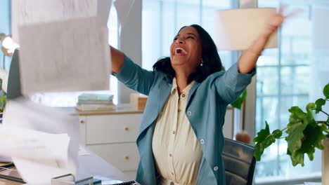 business woman, success and paper in air