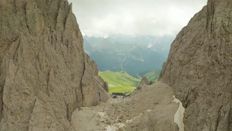 fly over amazing panorama mountain restaurant, langkofel dolomites, italy