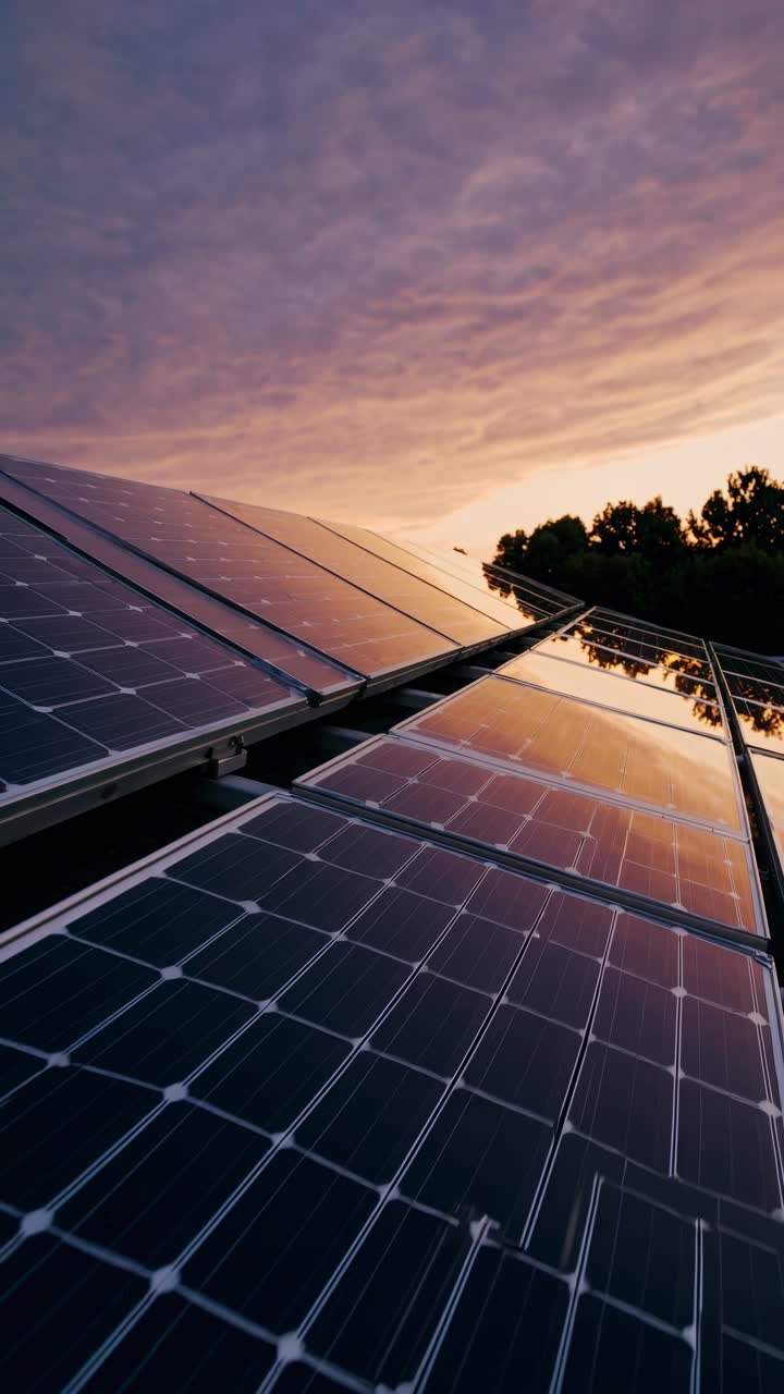 Low-angle shot of solar panels at sunset, capturing the serene transition of day to night