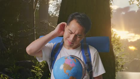 hombre reflexionando sobre el mundo en un bosque