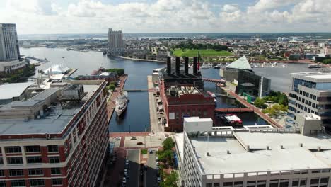 Aerial-dolly-shot,-view-of-Baltimore-Inner-Harbor,-Maryland,-Patapsco-River-and-Chesapeake-Bay,-Federal-Hill-in-distance,-busy-urban-USA-city-during-summer