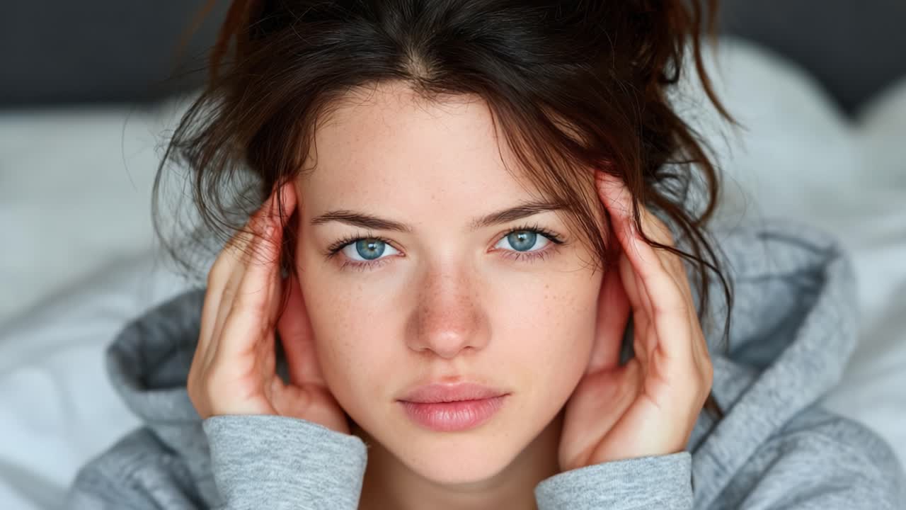 Emotional Close-Up of a Young Woman Expressing Contemplation and Tension in a Cozy Setting with Soft Lighting and Natural Beauty