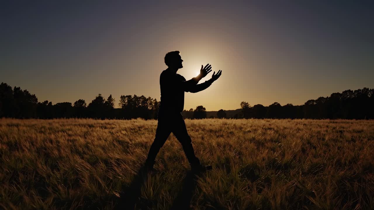 해가 지는 동안 들판에서 고 있는 남자