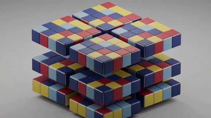 Cubo a nove moduli con rilascio temporizzato, che si solleva, scorre e mostra il design del prodotto su tappetino grigio.