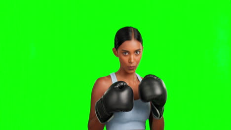 Green-screen,-face-and-boxing-woman-punching