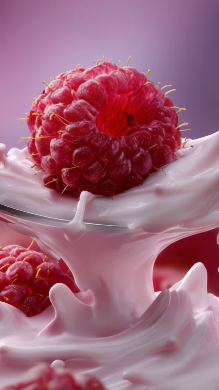 A Close-Up of a Raspberry Drenched in Creamy Yogurt, Capturing the Juicy Texture and Glossy Finish Against a Soft Purple Background