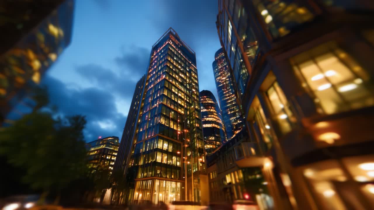 Arranha-céus modernos iluminados refletindo a vida urbana ao entardecer, com iluminação dramática e céu nublado, transmitindo a elegância da arquitetura contemporânea
