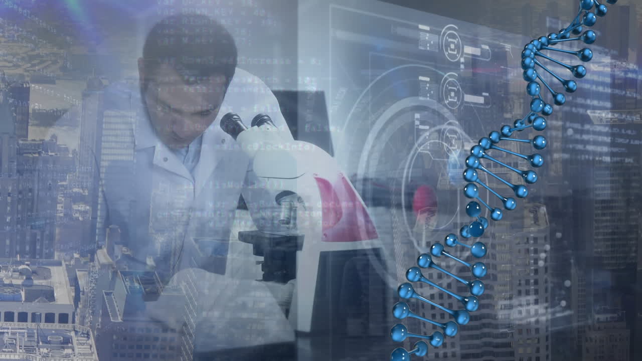 animación de la cadena de adn y procesamiento de datos sobre un médico masculino biracial
