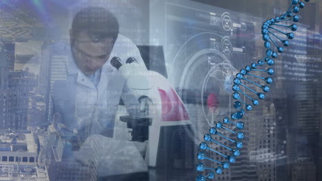 Animation of dna strand and data processing over biracial male doctor