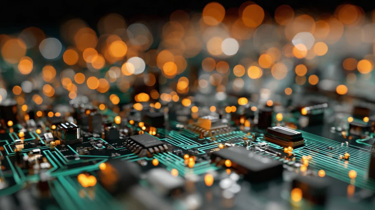 An Intricate Circuit Board Radiating Vibrant Light in a Close-Up View, Capturing the Complex Interplay of Technology and Design with Sparkling Bokeh Effects