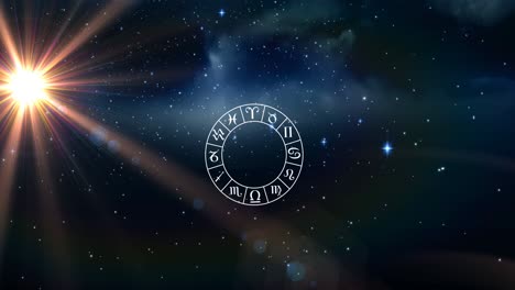 animation of wheel of zodiac signs over shining sun and stars on blue sky