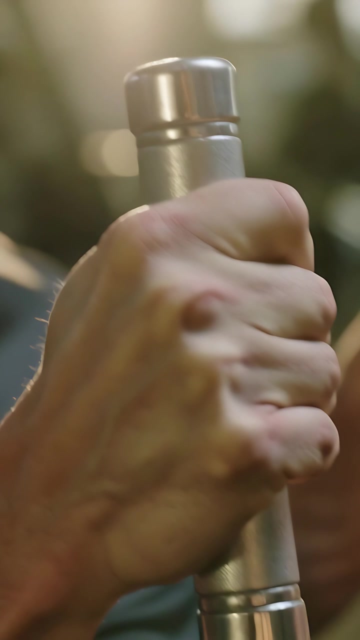 Video verticale: Avvicinamento a una sbarra di metallo, la mano destra di un uomo in canotta che si aggrappa in un parco soleggiato.