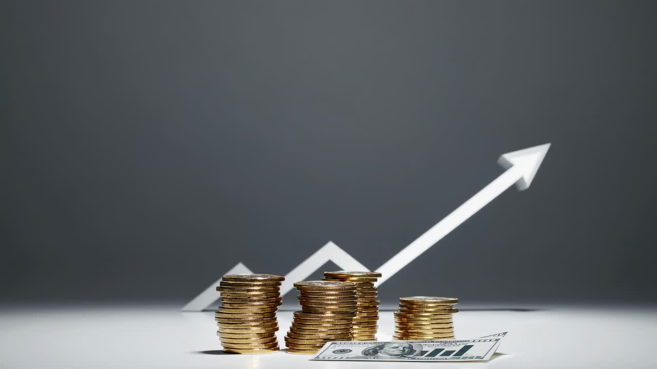 Low-angle shot of stacked coins and a dollar bill, with an upward arrow symbolizing financial