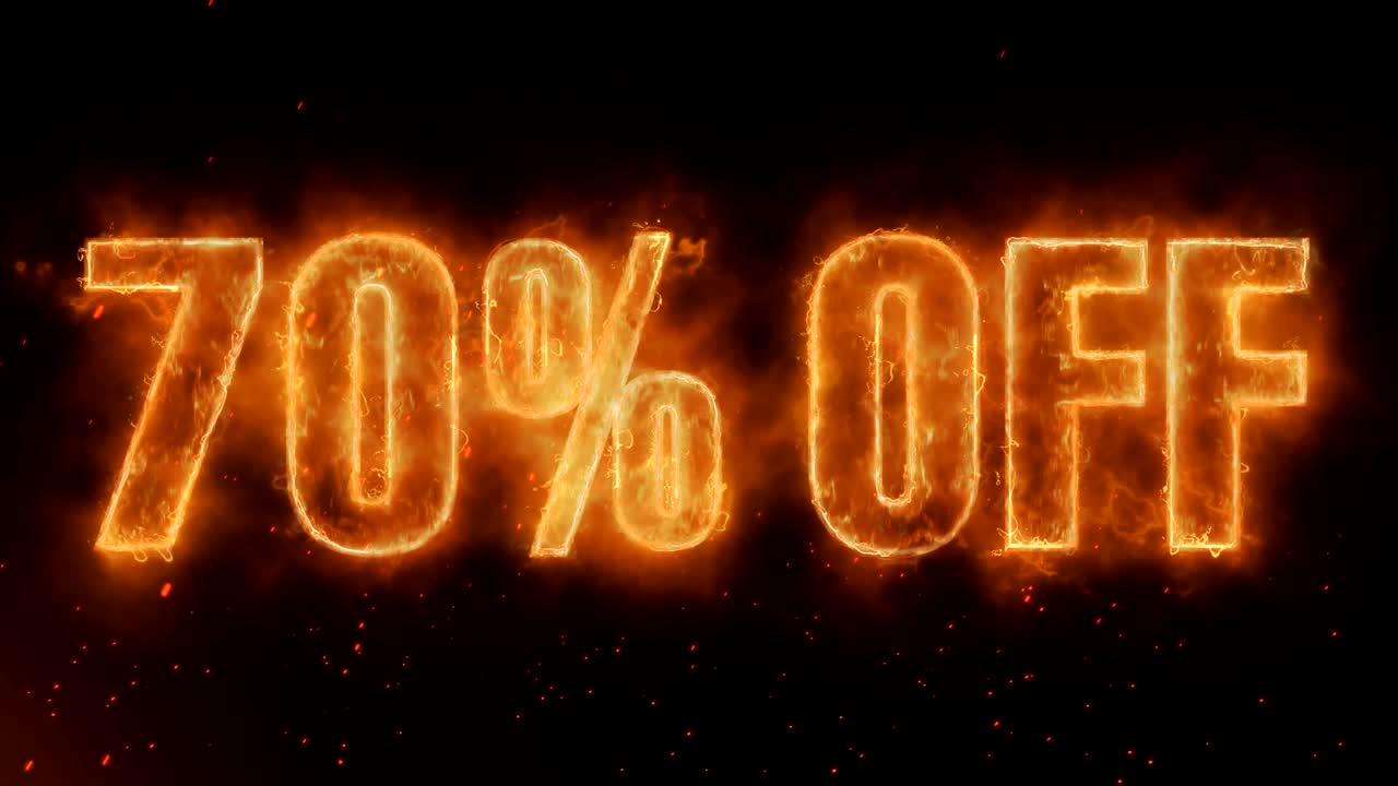 70% de descuento en la palabra quema caliente en fuego realista llamas chispas y humo animación de bucle continuo sin problemas