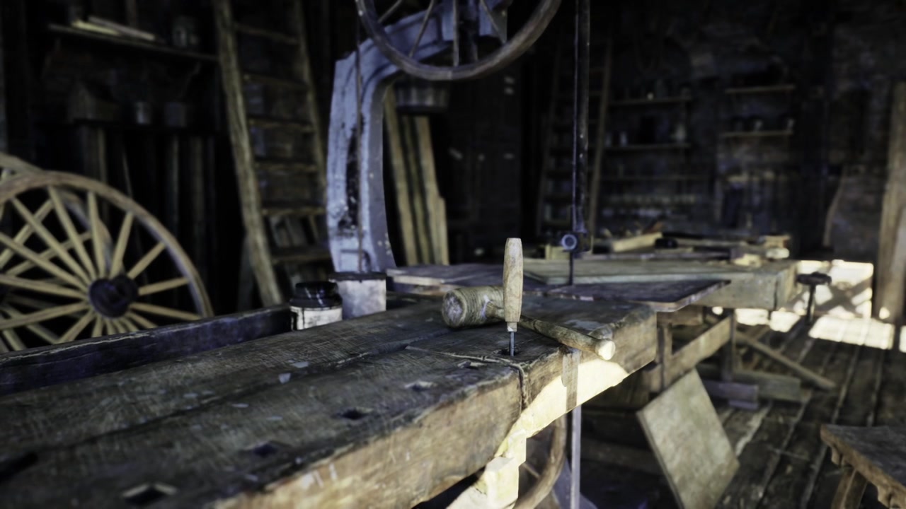 Old workshop scene vintage wagon seat beneath shadowed environment
