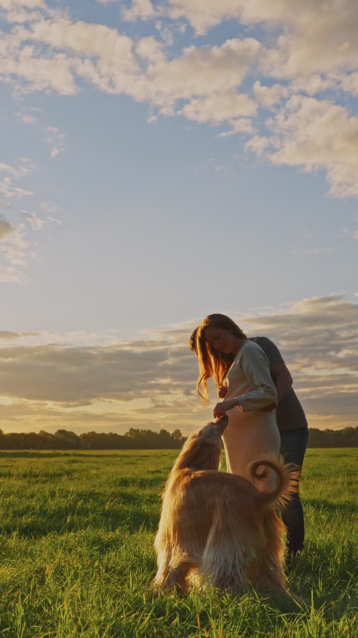 Pregnant Couple with Dog at Sunset