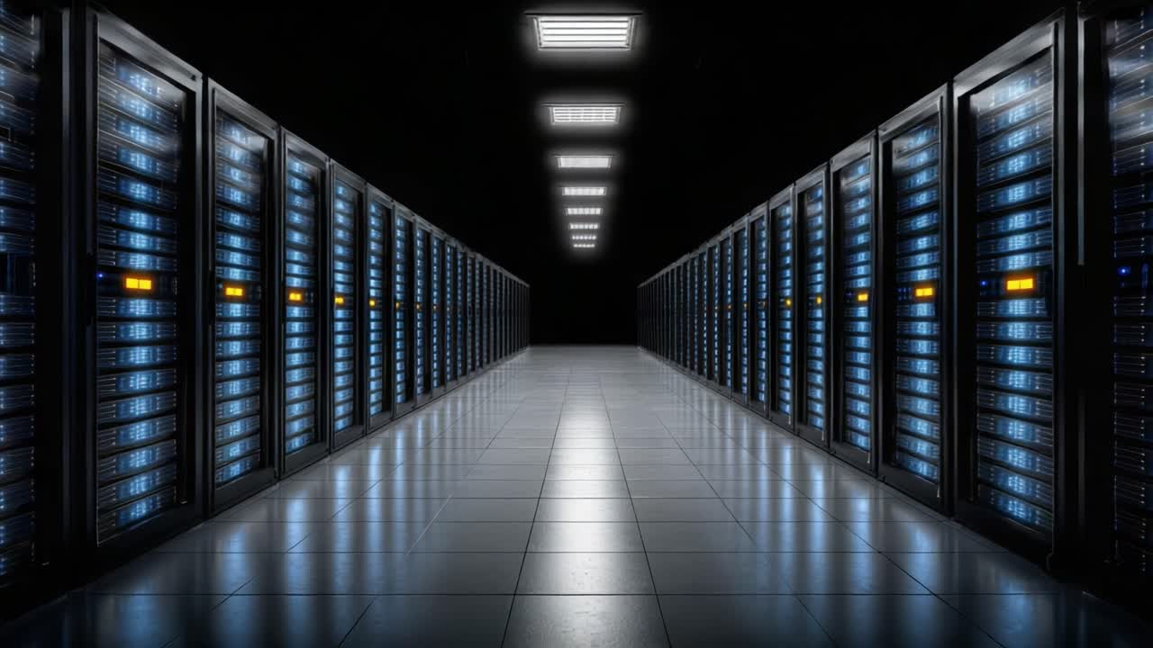 A Dark, Sleek Data Center with Multiple Rows of Server Racks Illuminated by Soft LED Lights Highlighting the Modern Technology Within