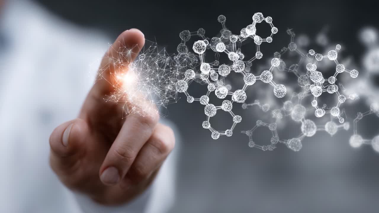 A Scientist's Hand Interacts with Molecular Structures, Illustrating Cutting-Edge Research in Chemistry, Biotechnology, and Nanotechnology, Capturing the Essence of Scientific Discovery