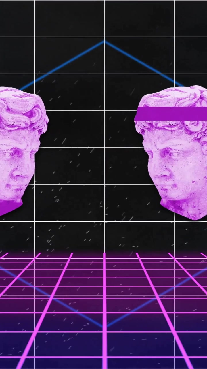 Animation of purple shapes moving over heads of sculptures