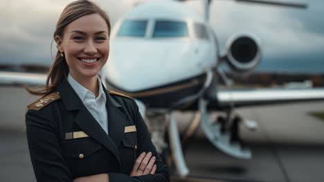female pilot in front of a private jet