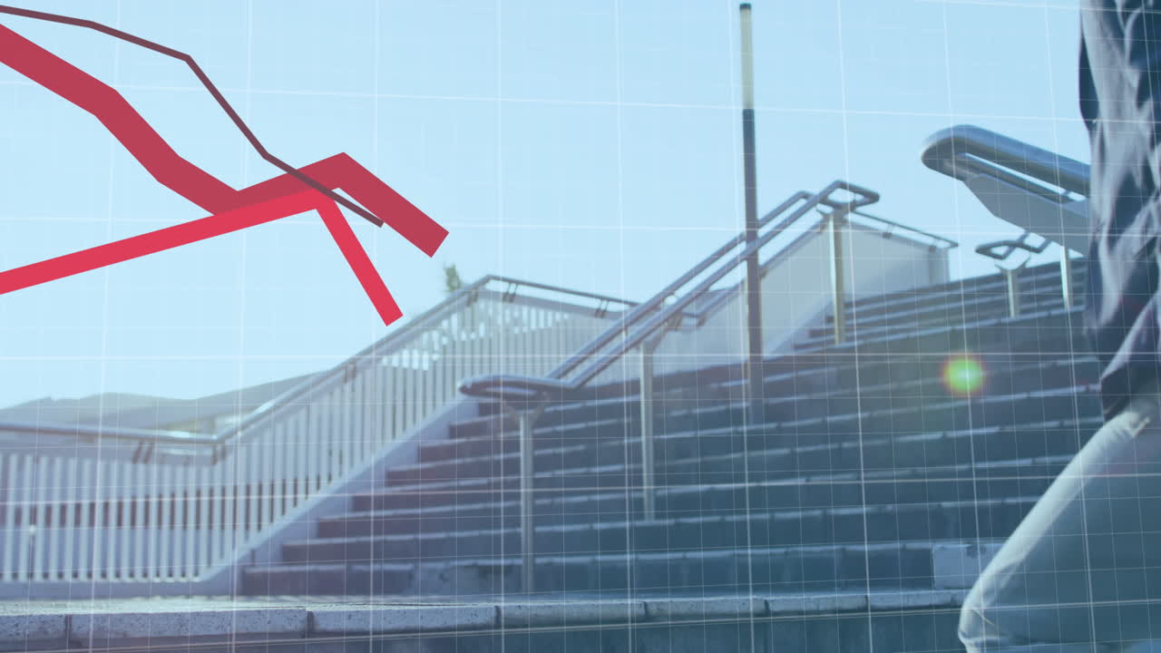 기업 공원에서 계단을 오르는 남자의 낮은 부분에 대한 통계 데이터 처리 애니메이션