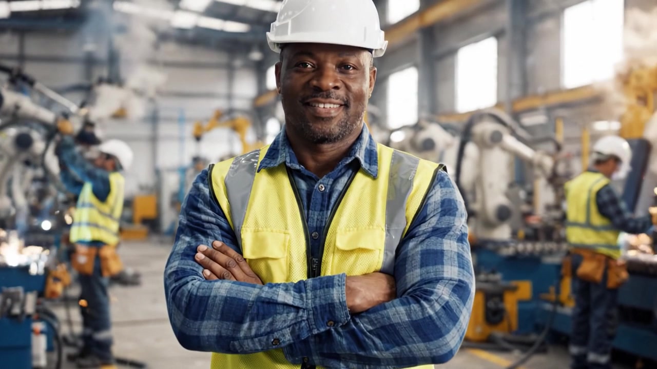 A Confident Industrial Worker Smiling in a Modern Manufacturing Facility Surrounded by Advanced Robotics and Engaged Colleagues, Showcasing Teamwork and Innovation
