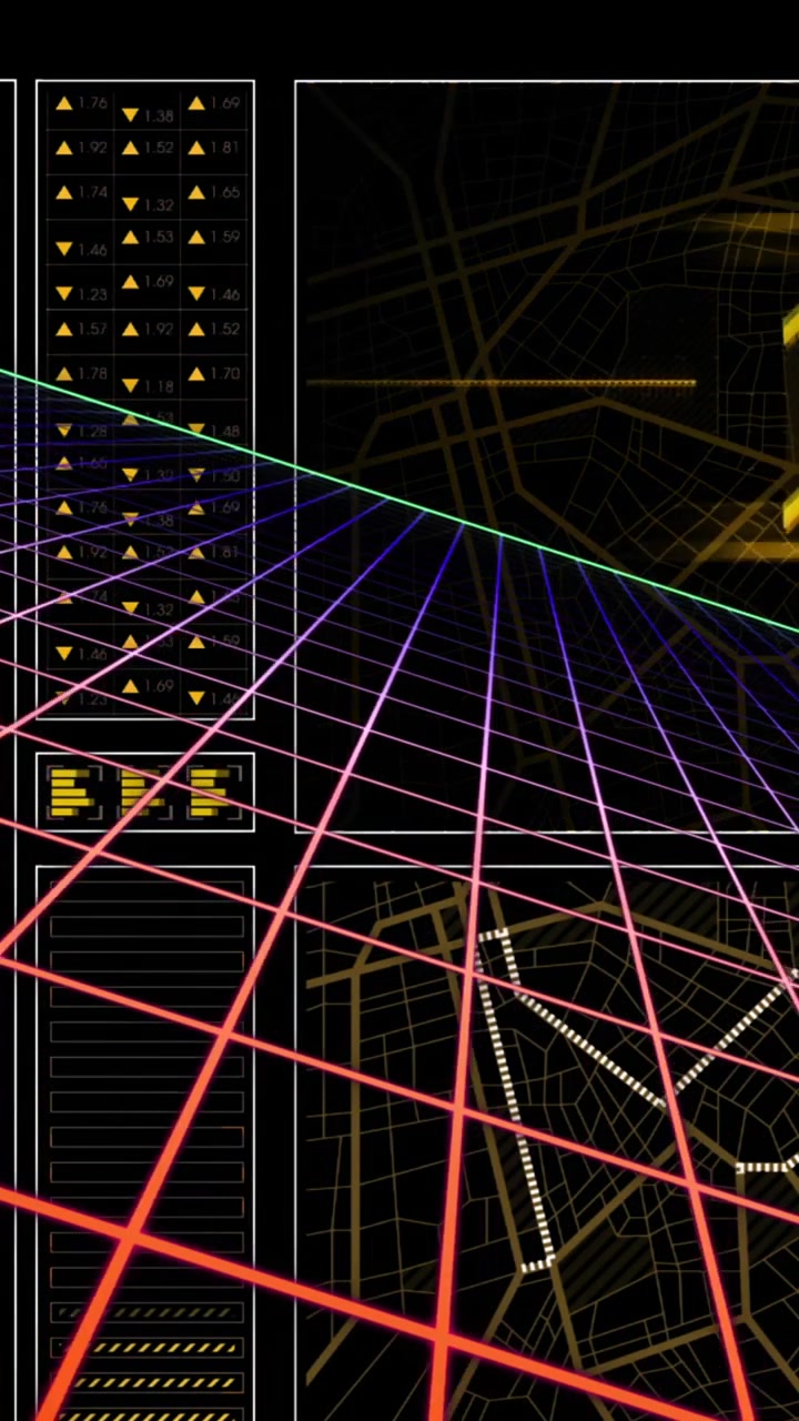 Animation of graph, loading circles, navigation pattern over grid pattern against black background