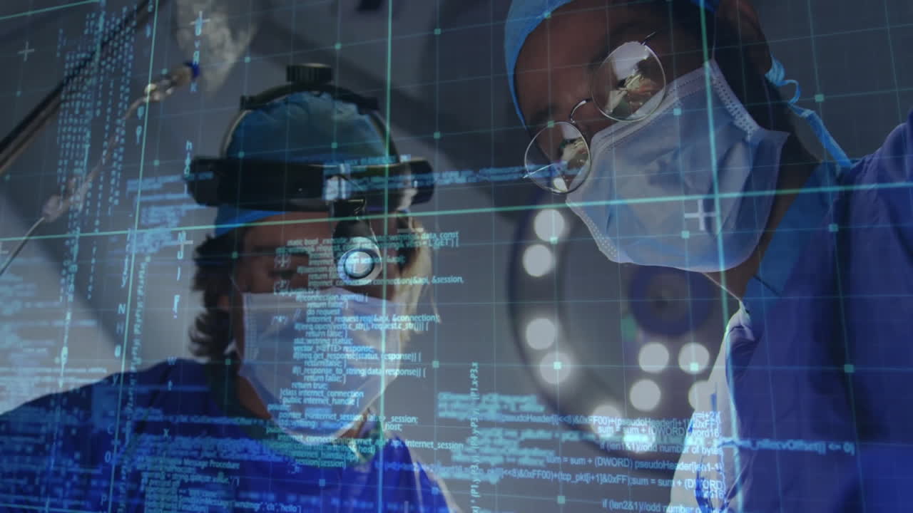 Performing surgery, medical professionals with digital data processing animation over them
