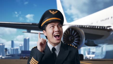 close up of asian man pilot thinking and looking around then raising his index finger while standing in airfield with airplane on background