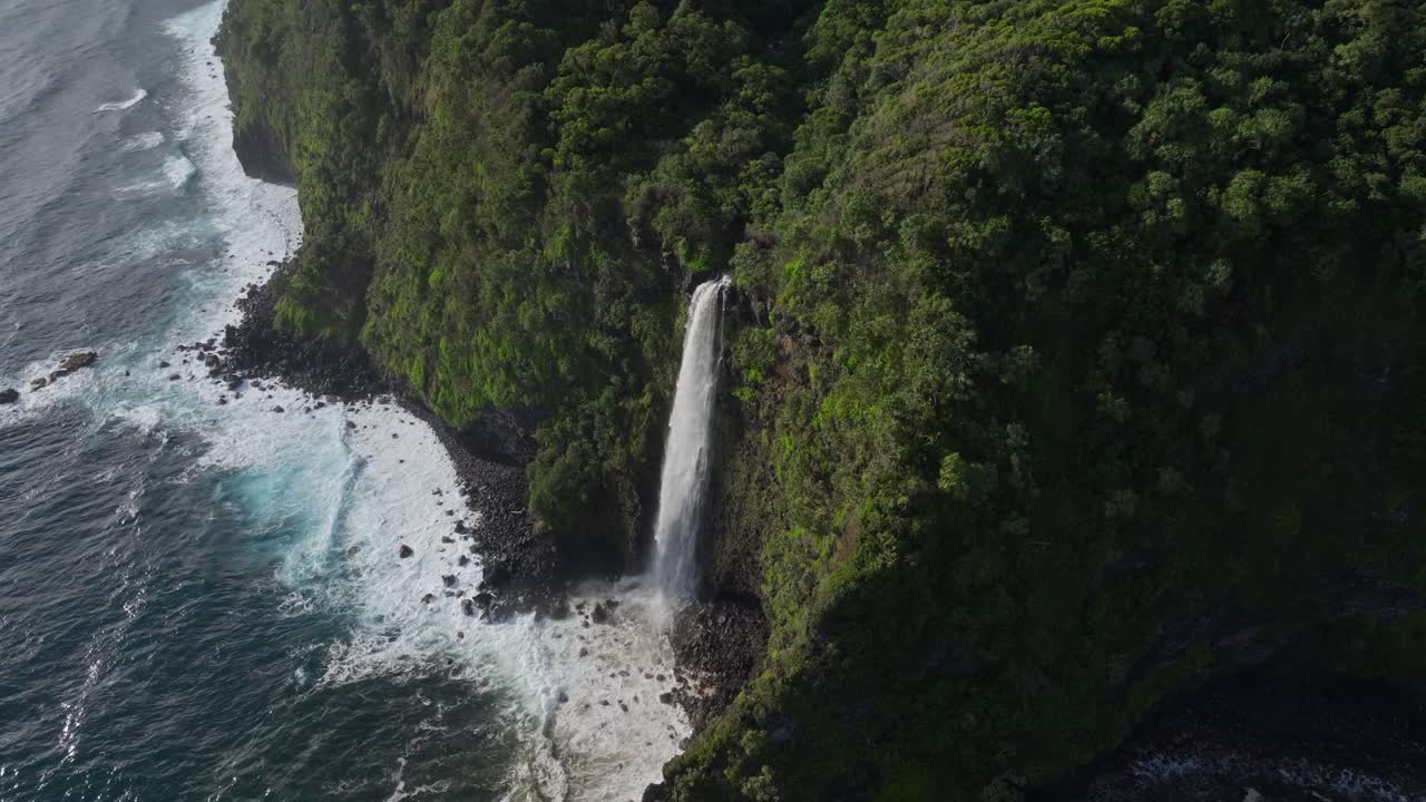 la cascada en la costa norte de maui se desploma por el acantilado en la orilla rocosa