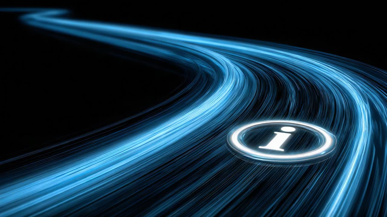 A dynamic visual representation of flowing data, showcasing a vibrant blue pathway leading to an illuminated information icon in a futuristic setting