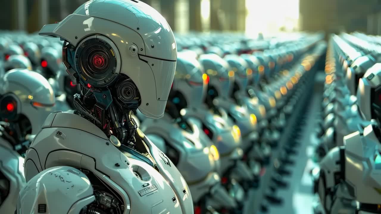 un grupo de robots de pie en una fila en una fábrica