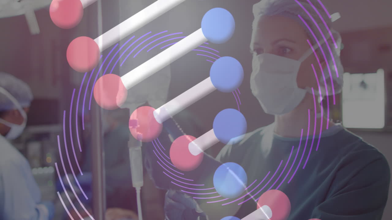 анимация цепи днк и загрузка данных на кавказскую хирургу в операционной.