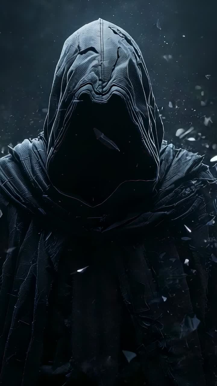 Vertical video: Hooded figure emerging from void summoning shards highlighting tattered cloak