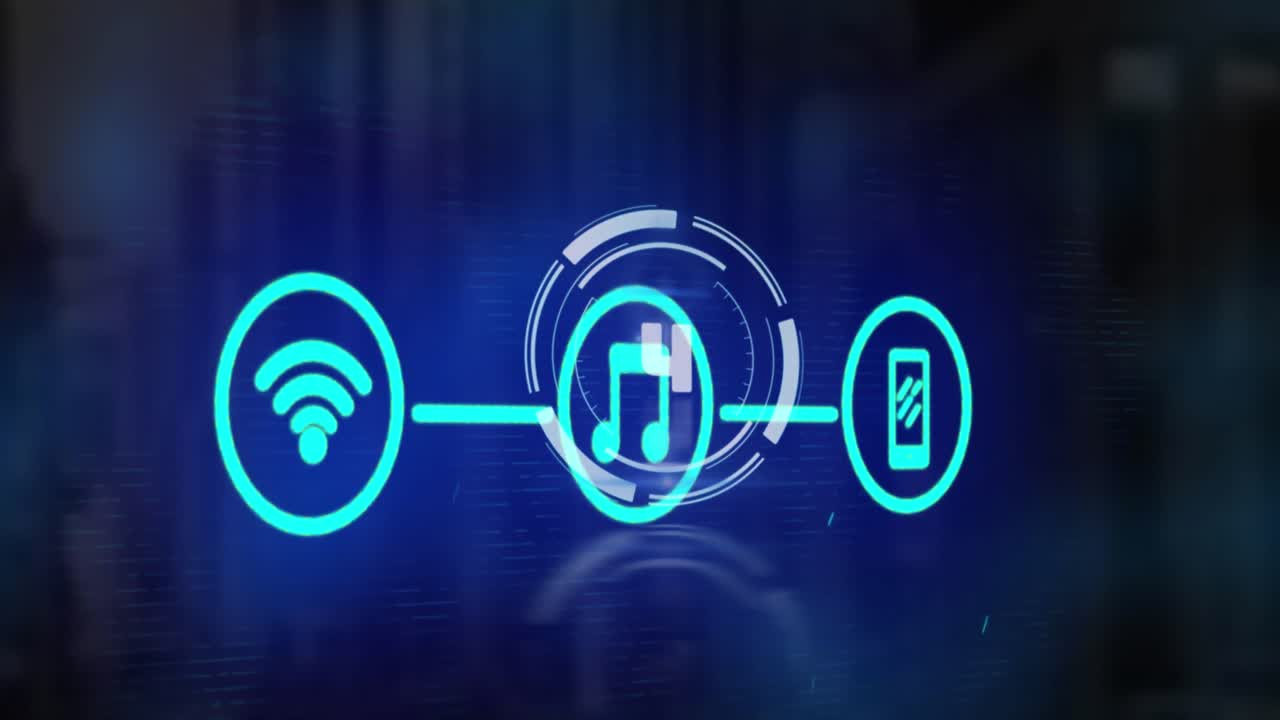 Animation of network of digital icons over round scanner against blue background