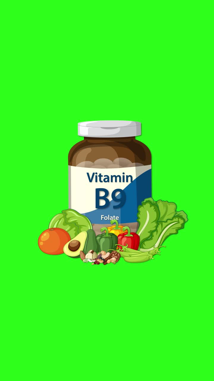 Una bottiglia di integratore di Vitamina B9 con verdure appare gradualmente su uno sfondo verde brillante, con uno zoom fluido della fotocamera.