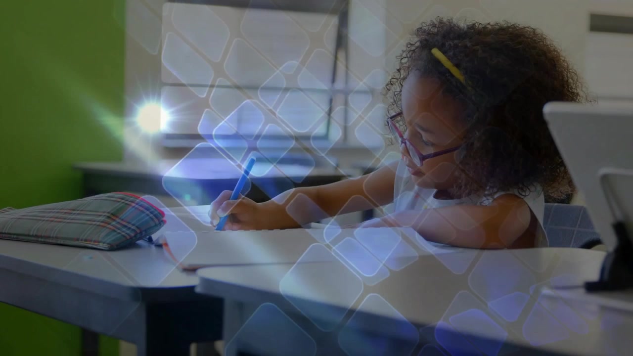 Female student in class reaching for blue pen, writing notes, geometric overlays pulsing fading