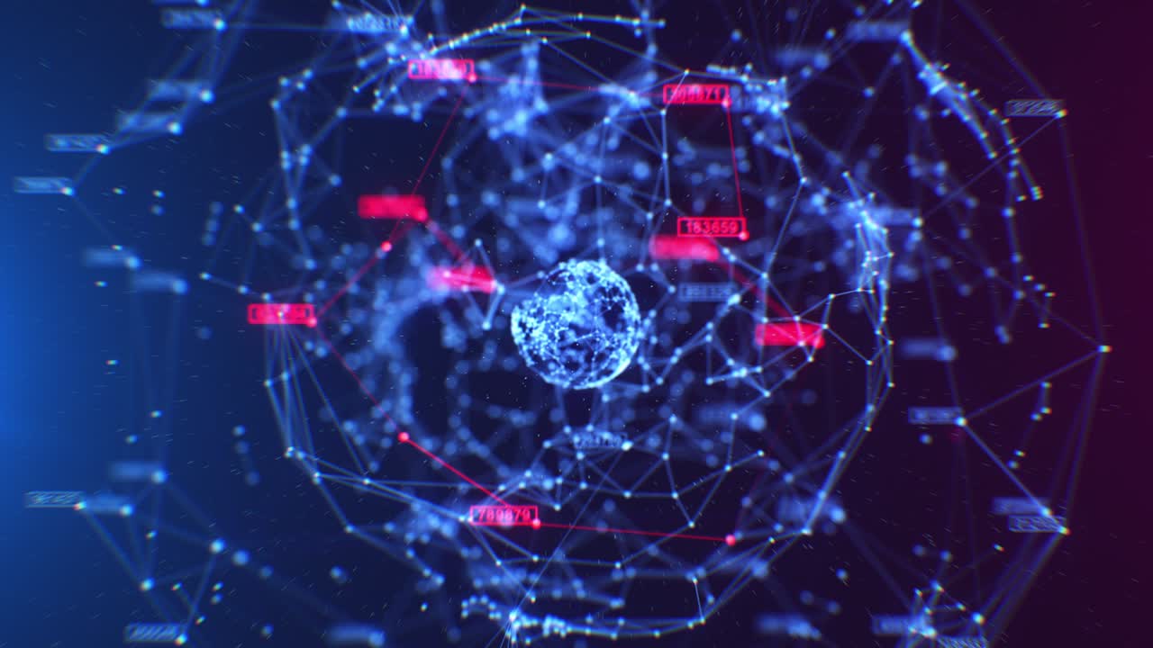 Beautiful Abstract Grid Spheres and Numbers Rotation Seamless. Looped 3d Animation of Network Hologram Close-up View Blue Color. Science and Technology Concept.