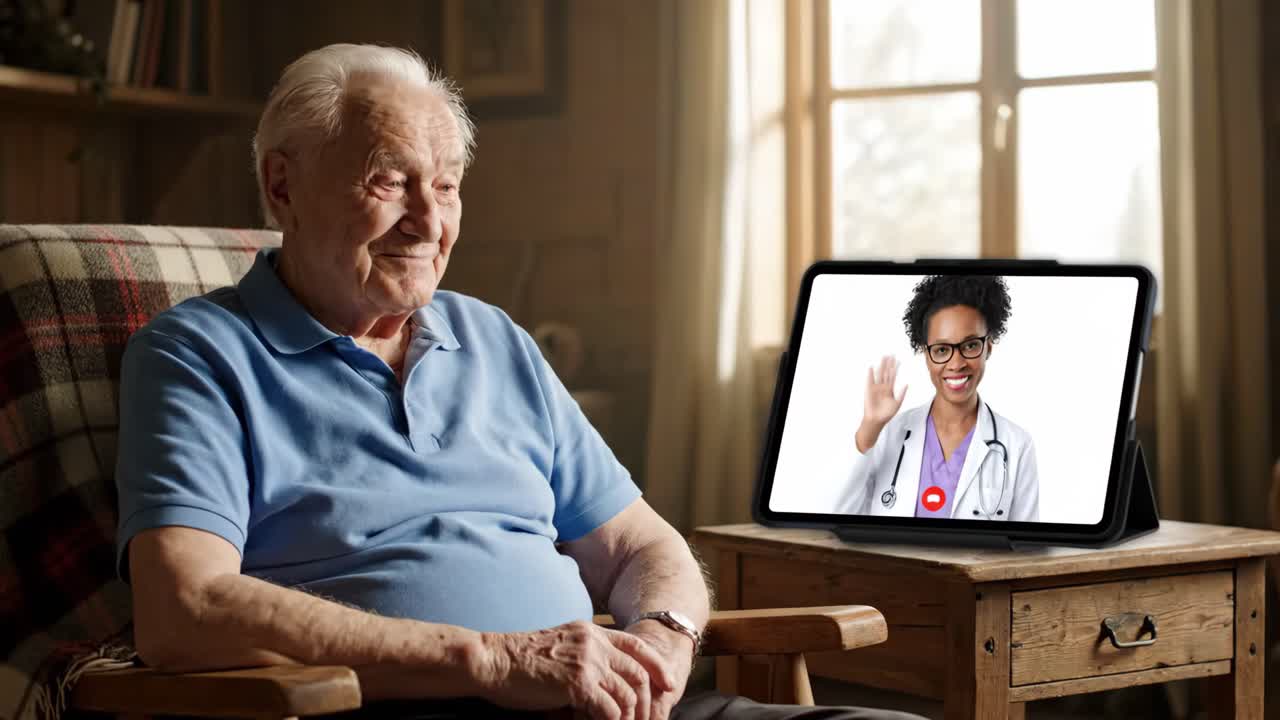 Senior man having a video call with a doctor