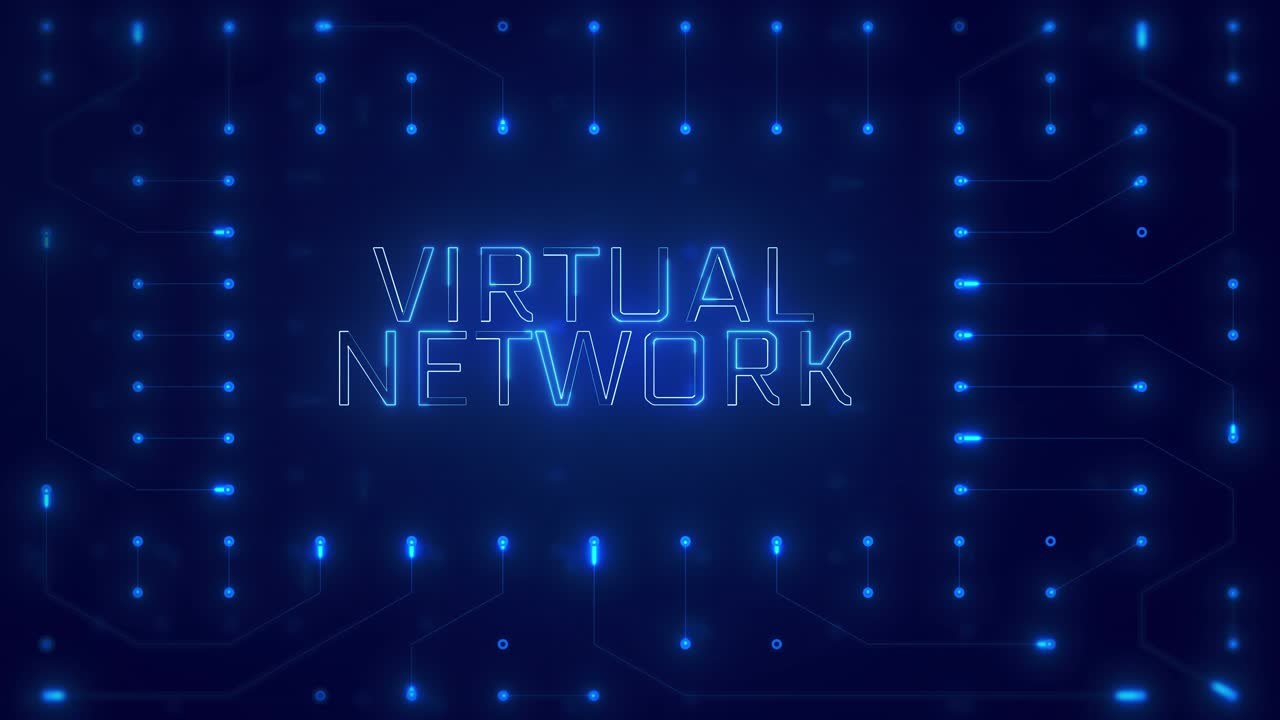Virtual Network Text with Glowing Circuit Board Animation