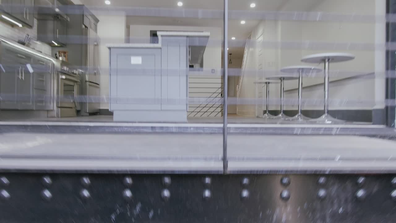 Flying out of basement of Brooklyn brick house, revealing distant New York Skyline, aerial