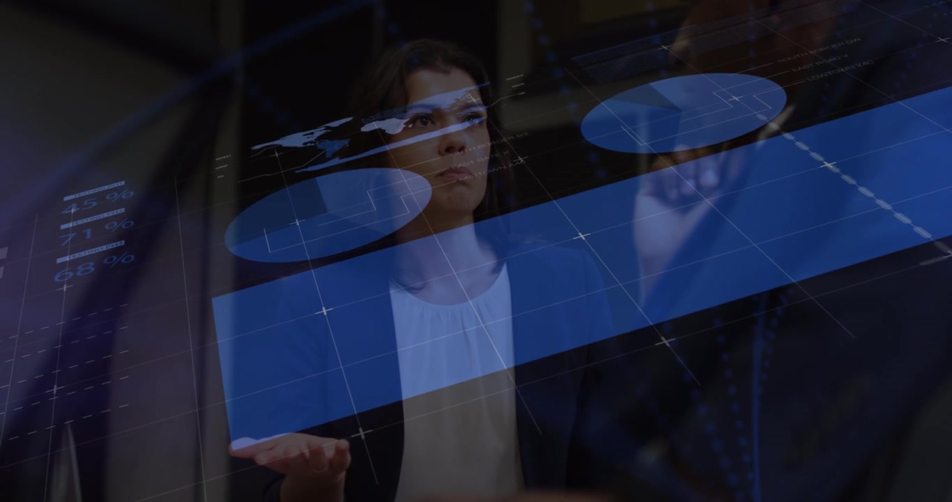 Animation of data processing over diverse businessman and businesswoman discussing at office