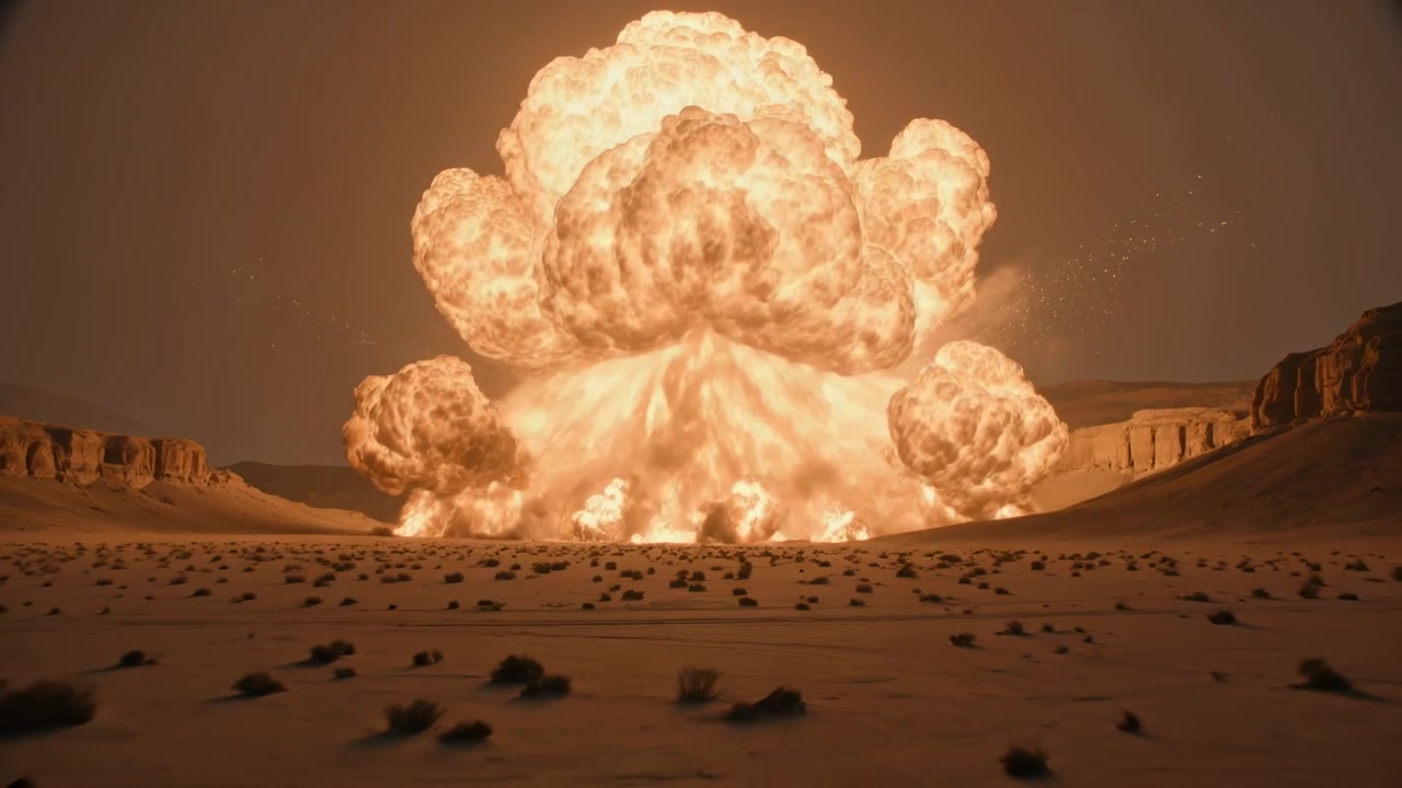 Erupting flash igniting expanding fireball across sandy valley, showing mesas, grooves for test