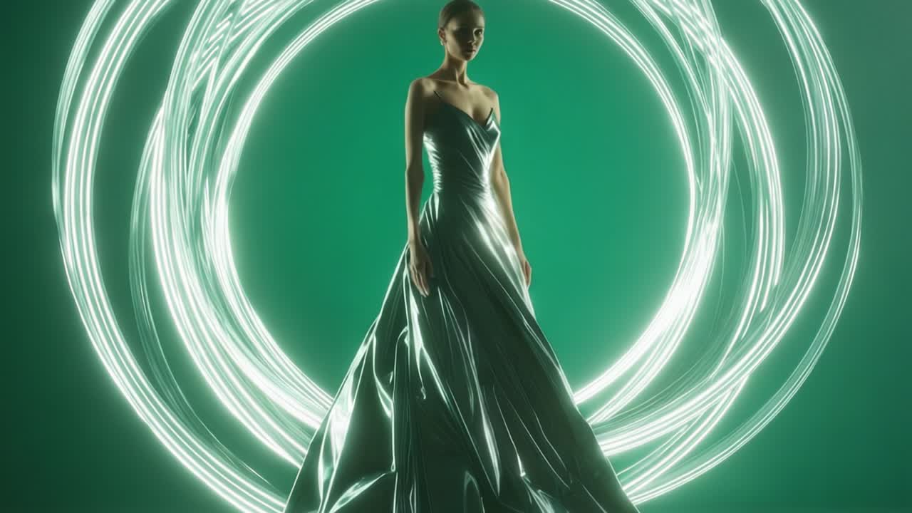 An Elegant Figure Enveloped in Ethereal Light: Capturing the Grace and Beauty of Fashion Artistry with Flowing Fabric and Hypnotic Glow Against a Striking Green Background