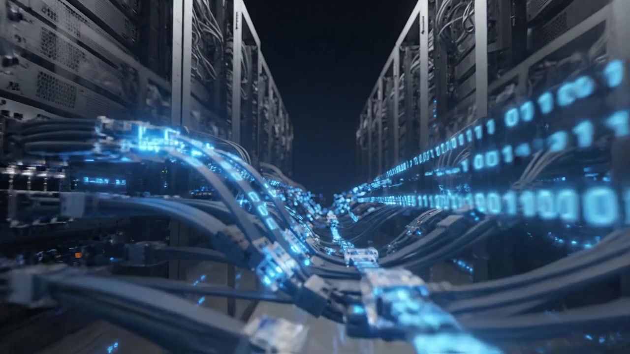 A Glimpse into a High-Tech Data Center with Sophisticated Server Racks Illuminated by Blue LEDs and Intricate Cabling, Showcasing Modern Computing Infrastructure
