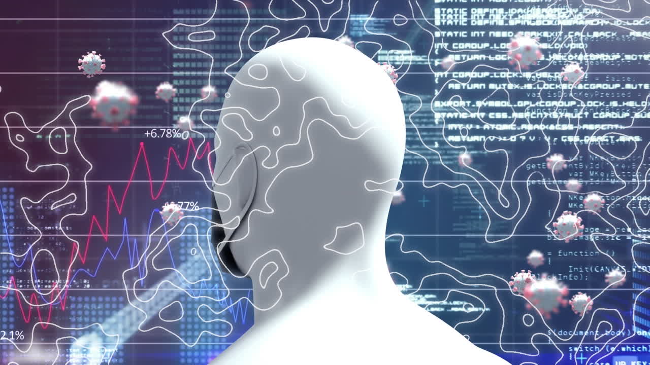 코로나19 세포의 애니메이션, 인간의 머리가 마스크를 착용하고 데이터 처리